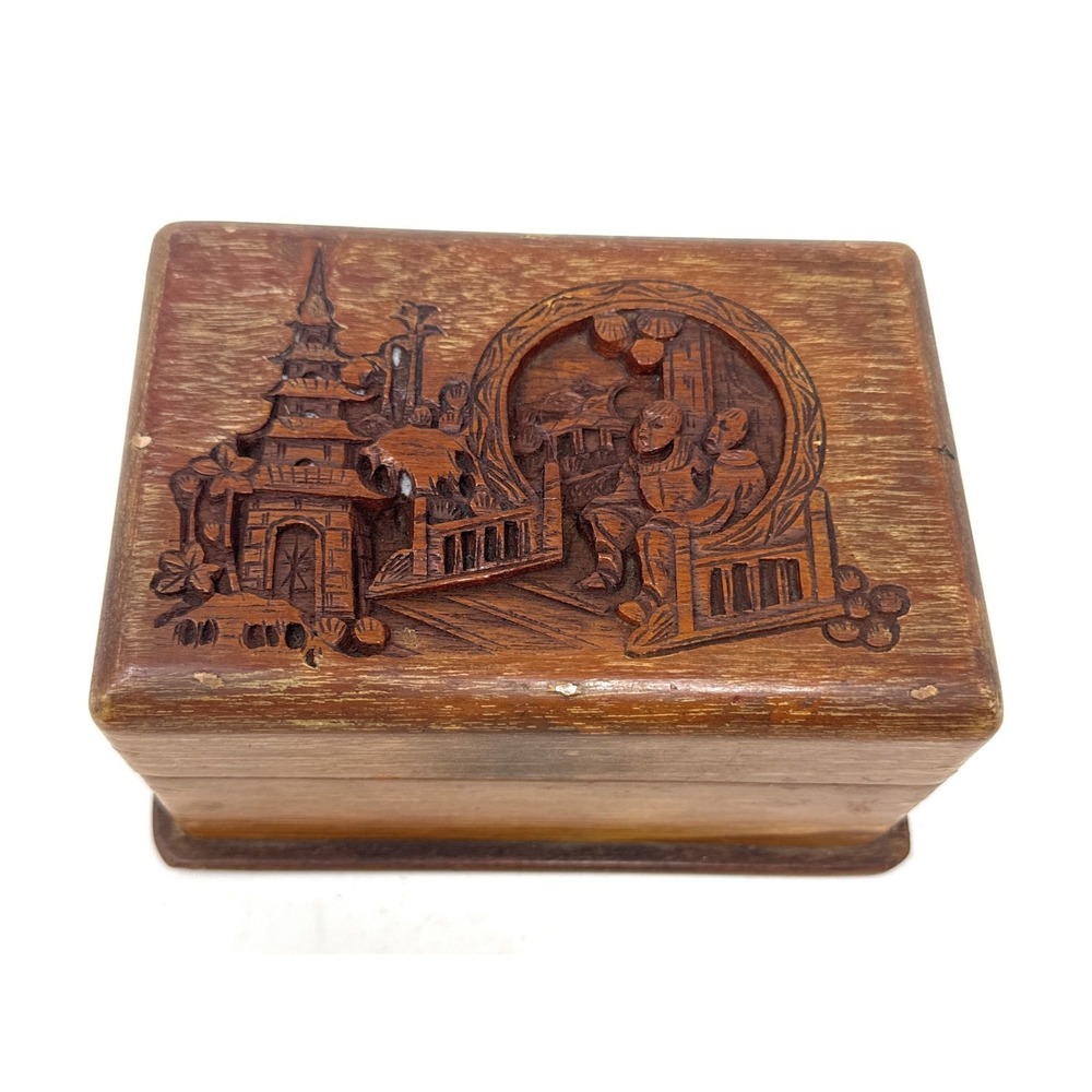Vintage George Zee Co. Hand Carved Wood Jewelry Box‎ / Trinket Box Hong Kong